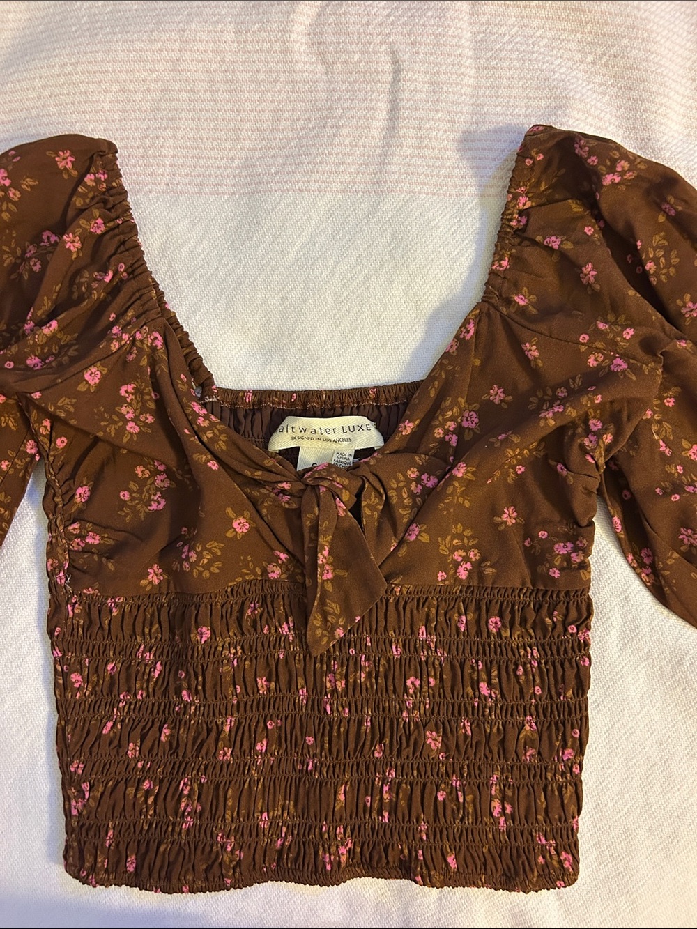 saltwater LUXE Brown Floral Smocked Crop Top with Pink Flowers